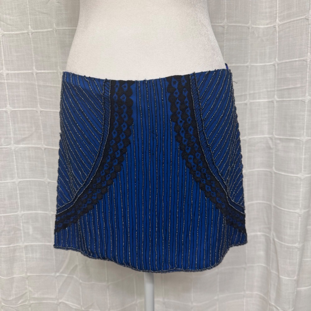 Parker Royal Blue and Black 100% Silk‎ Beaded Mini Skirt
